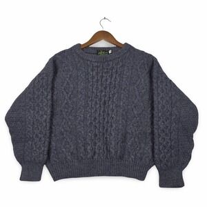 Ireland Wool Cable Knit Crewneck Sweater- Cropped, Purple Gray, S